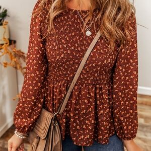 B099 Boho Floral Smocked Bust Ruffled Peplum Blouse